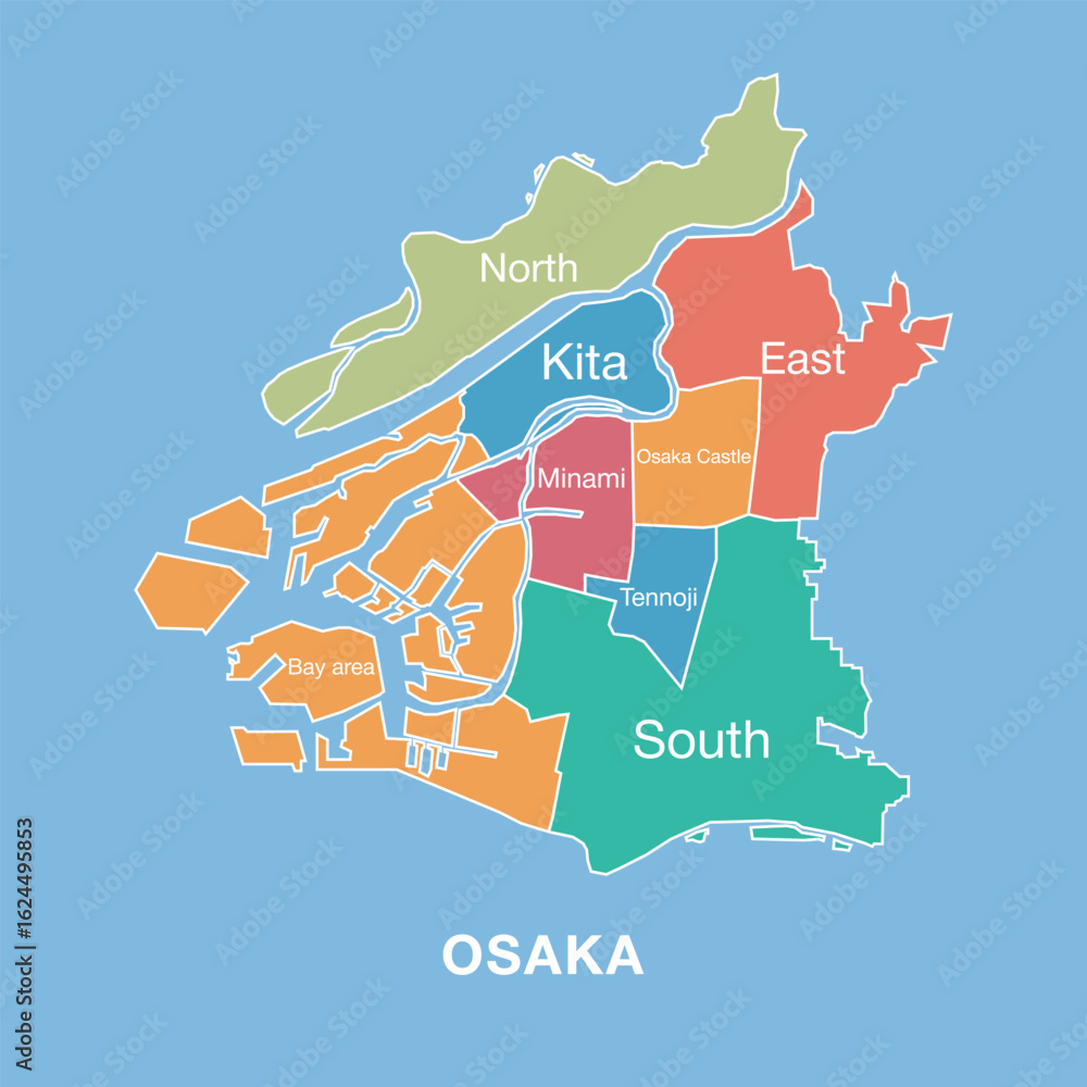 Fototapeta premium Colorful map of Osaka, Japan with labeled administrative districts. Vector illustration isolated on blue background. Tourist infographic, detailed city plan, modern design.