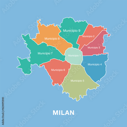 Colorful map of Milan, Italy with labeled administrative districts. Vector illustration isolated on blue background. Tourist infographic, detailed city plan, modern design.