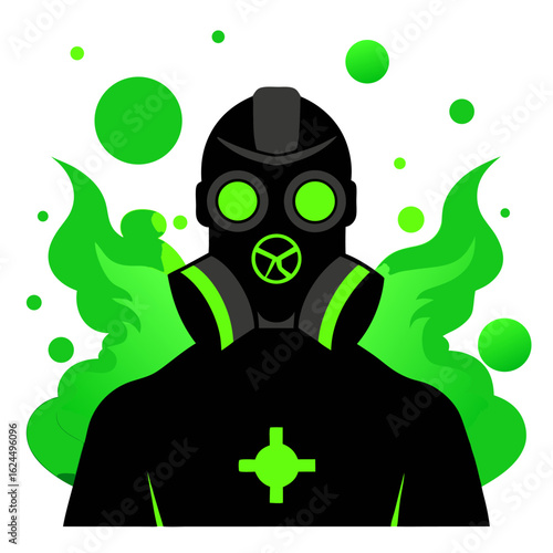 Gas-Masked Figure with Neon Green Filters and Biohazard Smoke Swirls