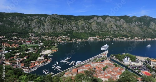 Panning left 4K motion of the city of Kotor, it is surrounded by a fortification wall which was built during the Venetian period, Kotor is a UNESCO World Heritage, Kotor, Montenegro, Europe