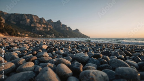 Fototapeta Naklejka Na Ścianę i Meble -  Summer twilight over a pebble-covered coast with mountains visible afar