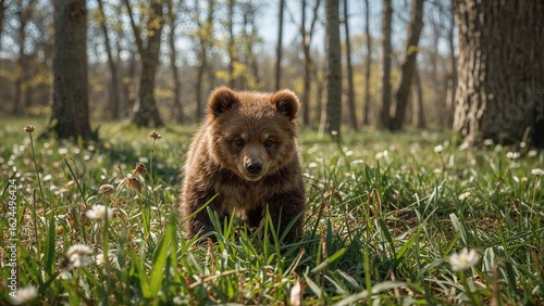 Fototapeta Naklejka Na Ścianę i Meble -  Sweet bear cub having fun on the forest floor