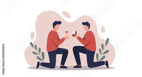 Proposal Illustration Two men proposing marriage on knee with abstract background