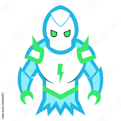 Digital Silver Ghost Mascot in Battle Armor Outlined with Electric Blue and Green