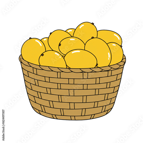 Abundant harvest of ripe yellow mangoes overflowing a rustic woven basket, perfect for summer treats