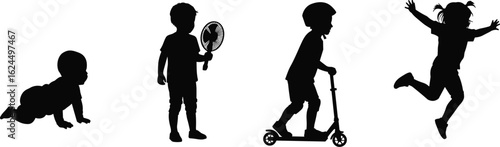 Silhouettes of diverse children in various stages of play, from a crawling baby to a child on a scooter and jumping.