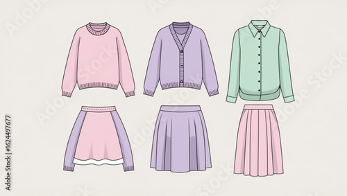 Collection of women's pastel-colored tops and skirts