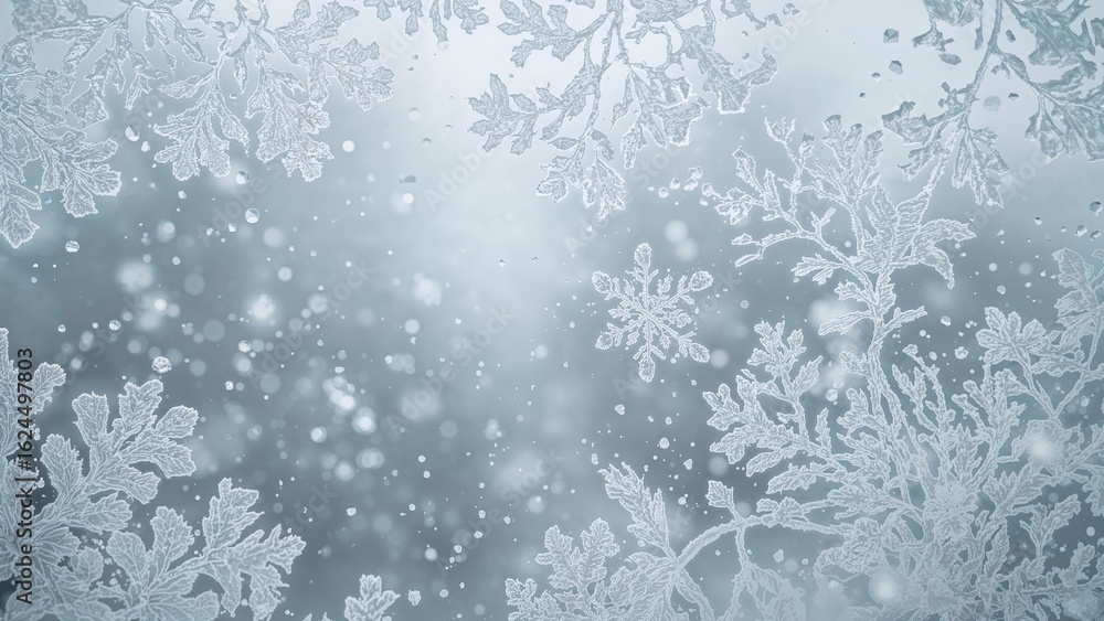 Obraz premium Ice crystals creating abstract shapes on a window. Cold weather scenery.