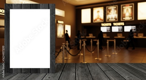 Blank advertising screen in a cinema lobby with ticket counter and movie posters, copy space for marketing
