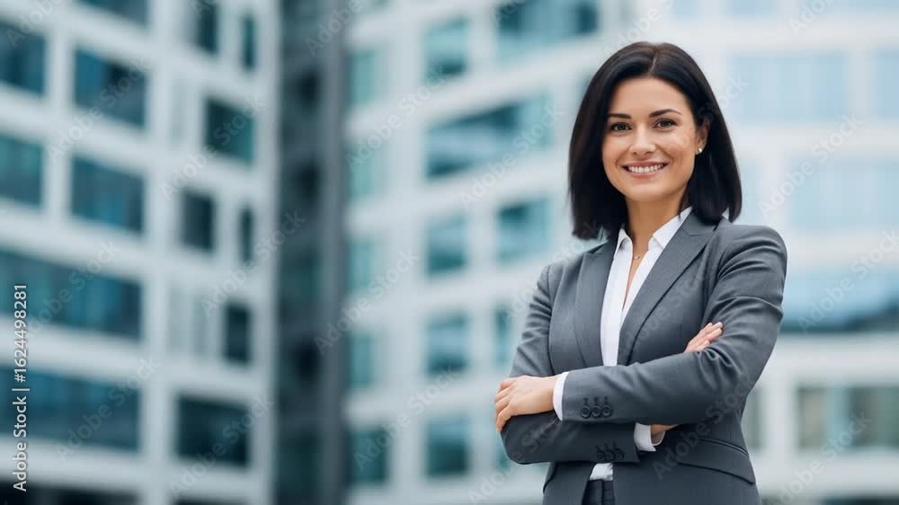 Smiling Businesswoman In Gray Suit Posing Outdoors Against Blurred Modern Building Background Smiling Businesswoman In Gray Suit Posing Outdoors Against Blurred Modern Building Background