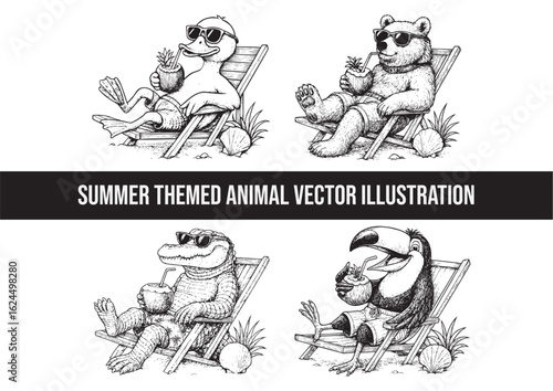 Summer time vector flyer, banner template. It's summer time animals illustration theme. dog, cat, touchan, flamingo, duck, bear, and tropical and beach theme, line art animals, animals
