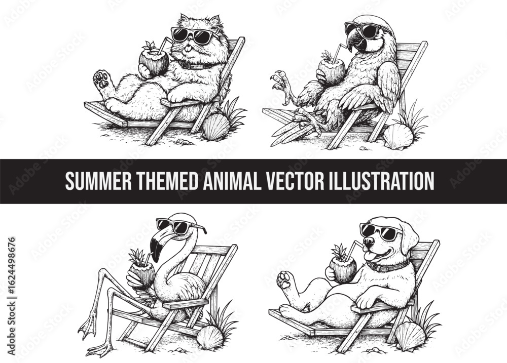 Fototapeta premium Summer time vector flyer, banner template. It's summer time animals illustration theme. dog, cat, touchan, flamingo, duck, bear, and tropical and beach theme, line art animals, animals