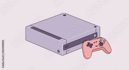Game console & joypad sit against a pale backdrop, vector illustration
