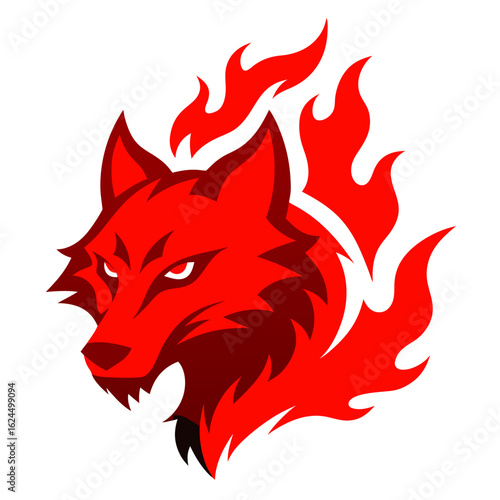 Fiery red wolf head with blazing eyes and jagged smoke, emerging from a crimson vector badge