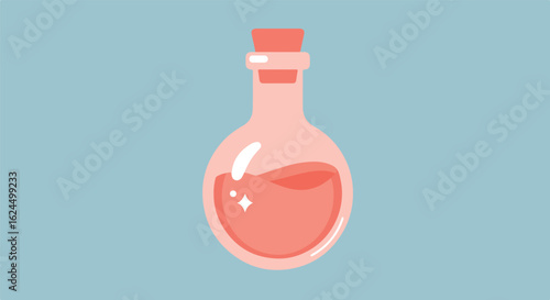 Pink potion in glass bottle, isolated on blue. Use for magic, science or recipe