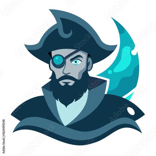 Futuristic pirate with glowing monocle and tricorn helmet emerging from stylized waves with metallic shading