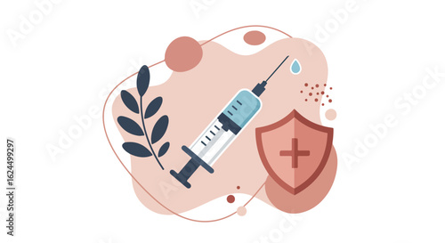 Vaccination syringe with a shield for healthcare campaign and wellness background