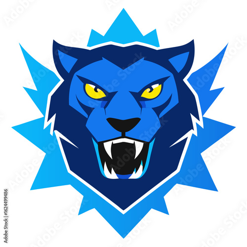 Snarling blue panther head with glowing yellow eyes and stylized jaw in vivid esport vector palette