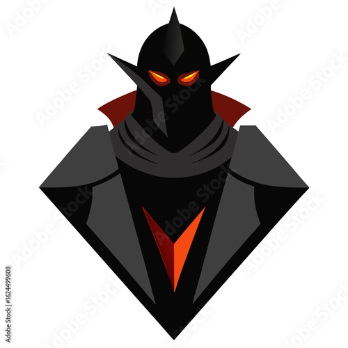 Paladin-style knight with glowing eyes and sharp armor inside a triangular badge with radiant edges