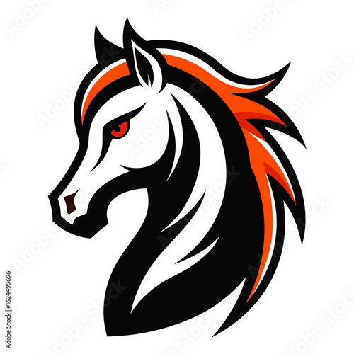 Stylized stallion head with swirling mane and glowing red-orange eyes, outlined in bold black for a striking professional logo