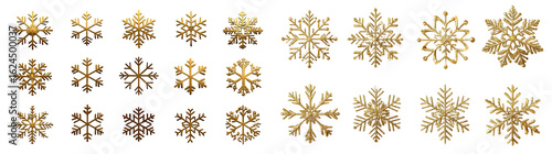 Set of gold christmas snowflakes isolated on a transparent background