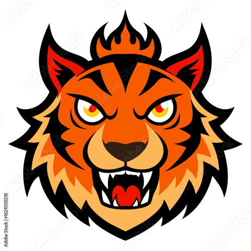 Fierce cartoon tiger head with tribal flames and sharp canines, styled in spiked vector design