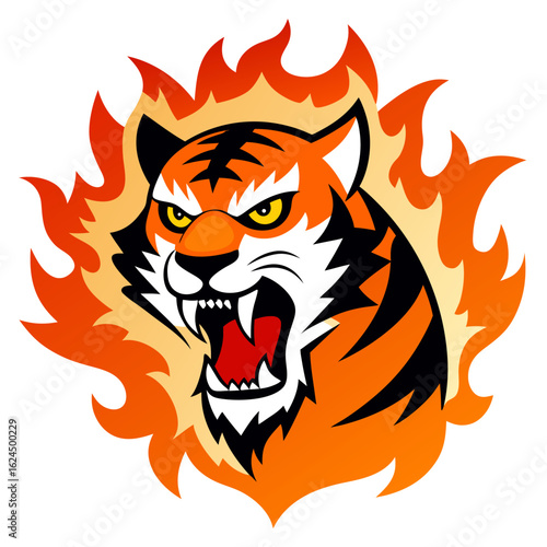Aggressive cartoon tiger biting down amid fiery patterns, illustrated in clean expressive vector form