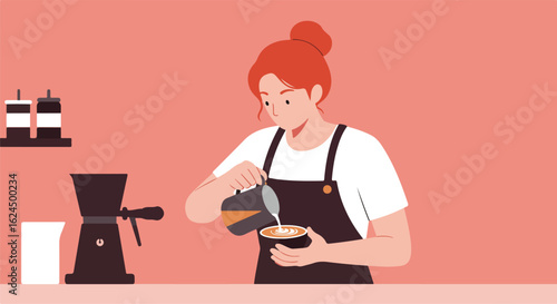 Woman barista pouring milk into latte in shop. Background Equipment on counter
