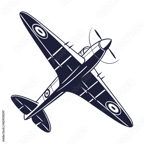 Iconic british spitfire airplane in a stylized dark blue silhouette against a white background
