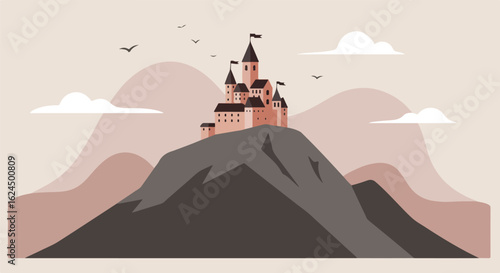 Fairytale castle on mountaintop with birds flying in cloudy sky, used for story telling