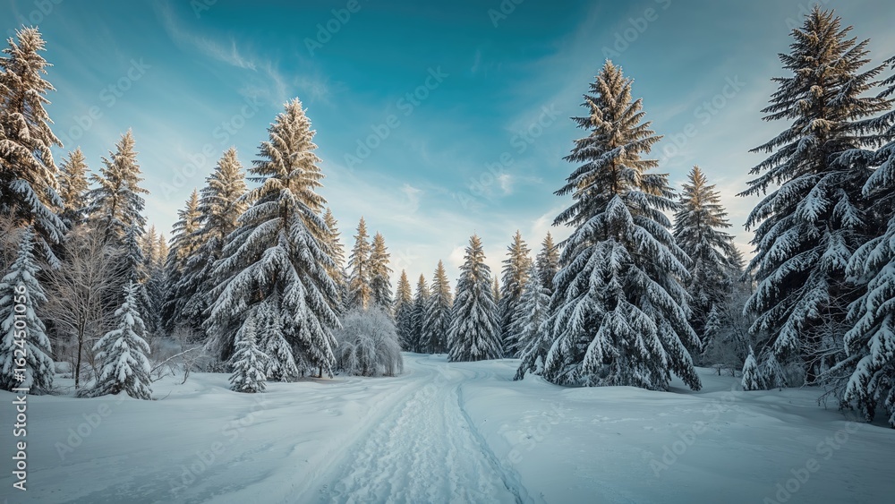 Naklejka premium A nature view in winter with white-coated trees and snow-filled walkways