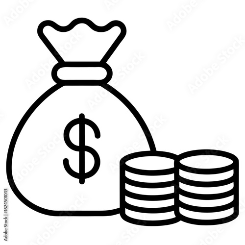 Money Bag with Coins Line Icon for Finance and Savings