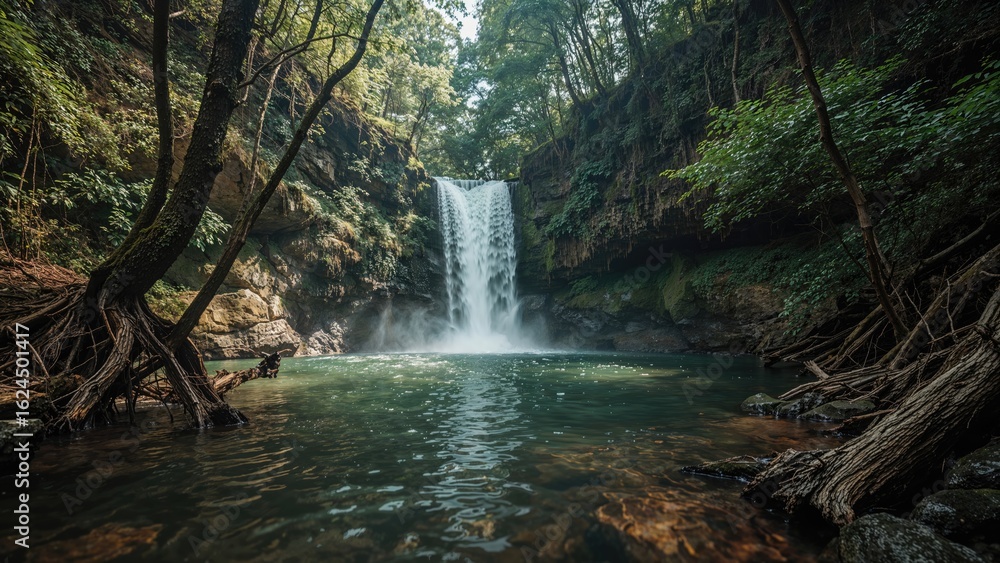 Fototapeta premium A cascade surrounded by dense woodland