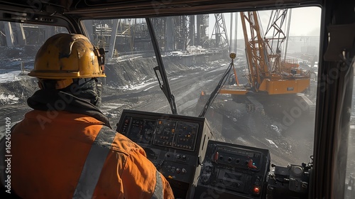 A crane operator skillfully manages controls in a cabin, overlooking an active job site with cinematic detail and industrial gear.