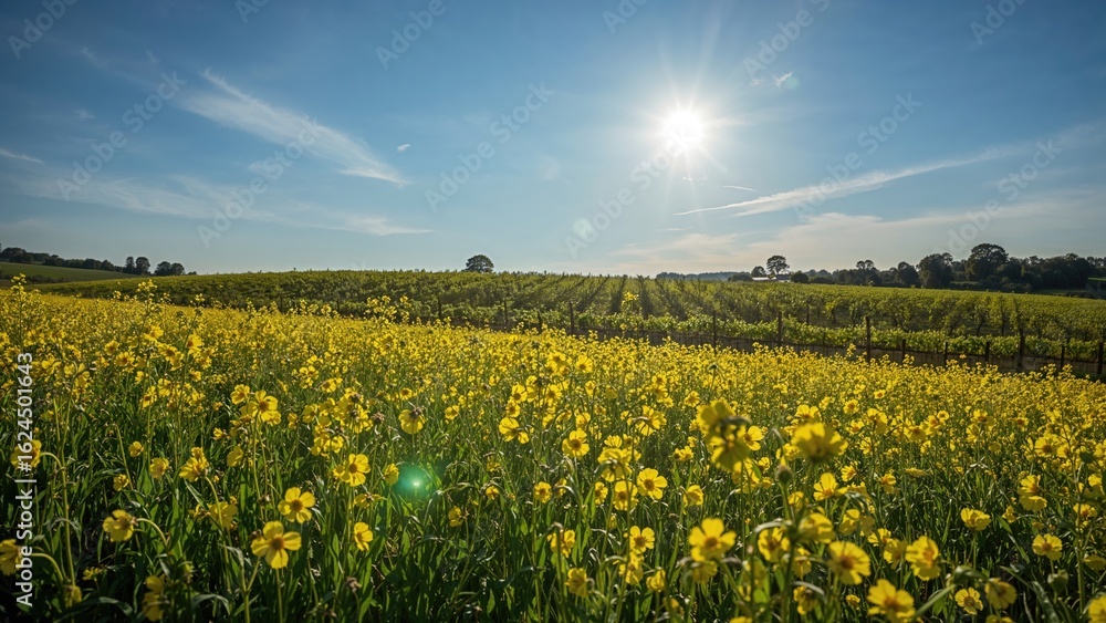 Fototapeta premium A field of golden wildflowers blooming in a rural setting during spring