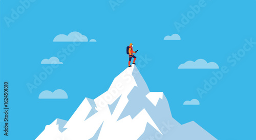 Mountaineer reaches peak of snow mountain, success, blue cloudy background. Use Motivation