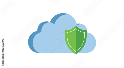 Shield defends cloud data on white background, showcasing secure information