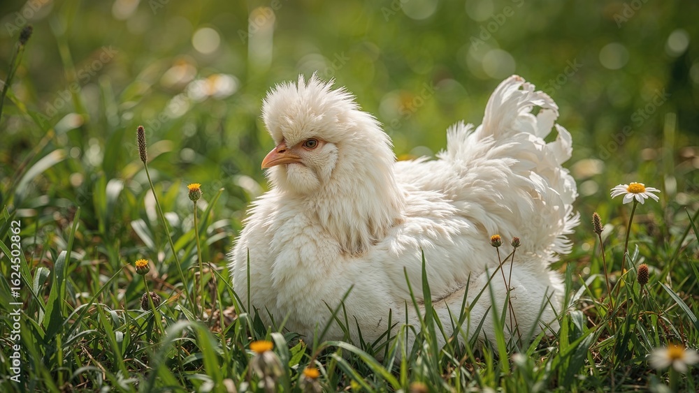 Fototapeta premium Pale Hen Lounging in a Field