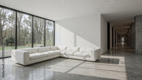 Chic white sofa placed beside expansive window in a large sitting area viewed from a shadowy corridor in a modern residence