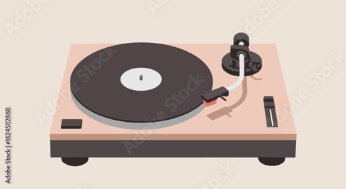 Vinyl record player playing music, in a beige background, for retro listening