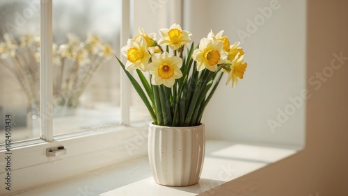 Wallpaper Mural Bright yellow daffodils thriving in a white ceramic pot inside a cozy room by the window Torontodigital.ca