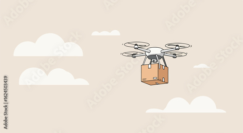 Drone delivers package in sky with clouds for delivery service or product ad