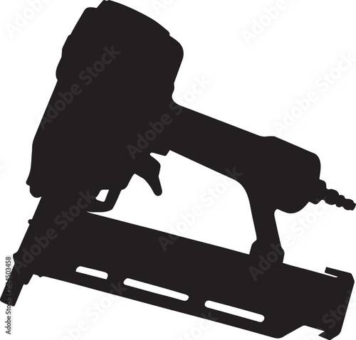 Black-and-White Silhouettes of Roofing Nail Gun, Staple Gun, Brad Nail Gun, and Finish Nail Gun – Construction Fastening Tools Isolated on White Background