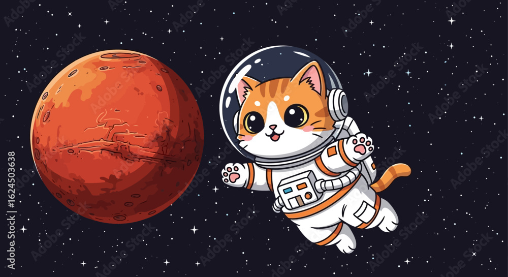 Naklejka premium Cute Astronaut Cat Floating Near Mars Illustration