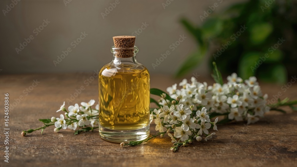 Beautifully crafted glass container holding tansy essential oil amidst natural elements Beautifully crafted glass container holding tansy essential oil amidst natural elements