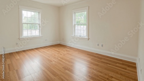 Wallpaper Mural A room showcasing new wooden floorboards, a pair of windows, and baseboards set along the walls, ready to be installed. The space is illuminated and under renovation. Torontodigital.ca