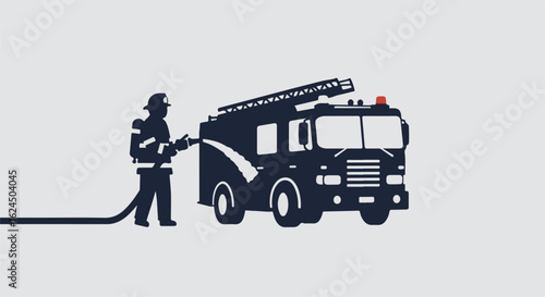 Firefighter near truck, spraying water. Emergency background. Flat vector design