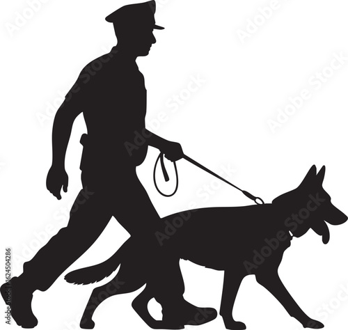 Silhouette of Police Officer Walking with K9 Dog, Transparent Background.