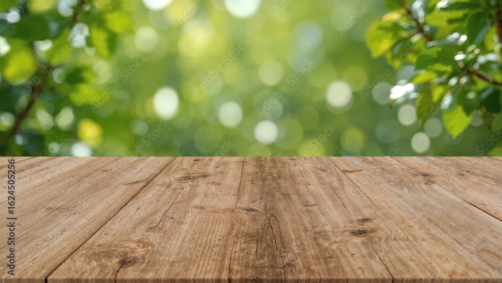 Natural wood table and blurred vibrant green garden backdrop for product presentation Natural wood table and blurred vibrant green garden backdrop for product presentation