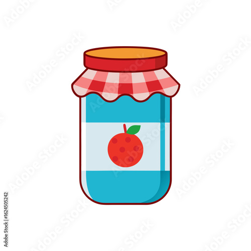 Cartoon jar of red fruit jam with red and white gingham lid